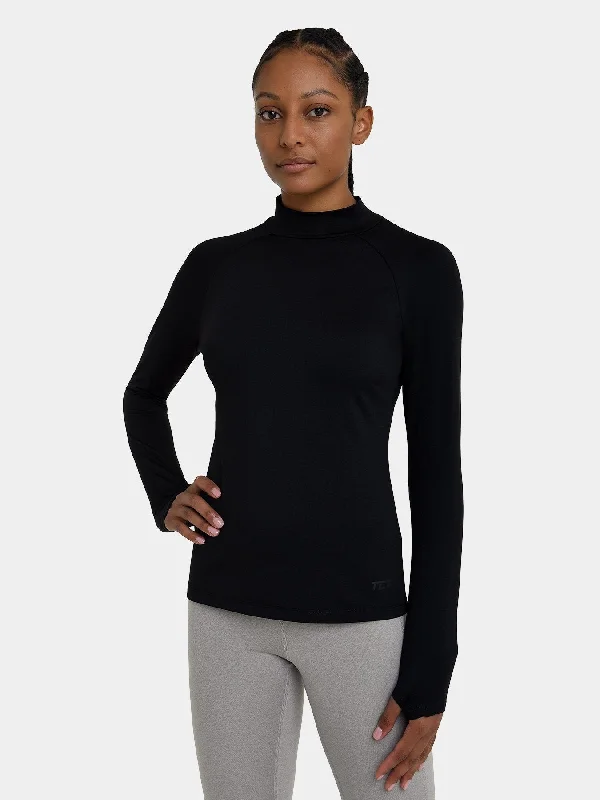 Bliss SuperThermal Long Sleeve Running Mock Neck Top For Women With Thumbholes & Brushed Inner Fabric Women's Casual Wear Clothes