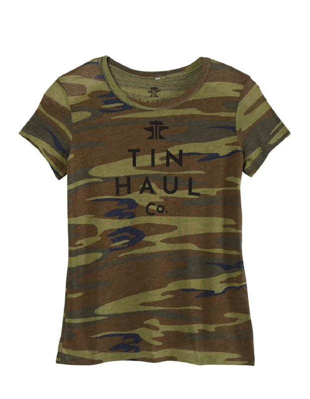 Tin Haul Womens Logo Screen Print Camo Cotton Blend S/S T-Shirt Women's Party Outfit