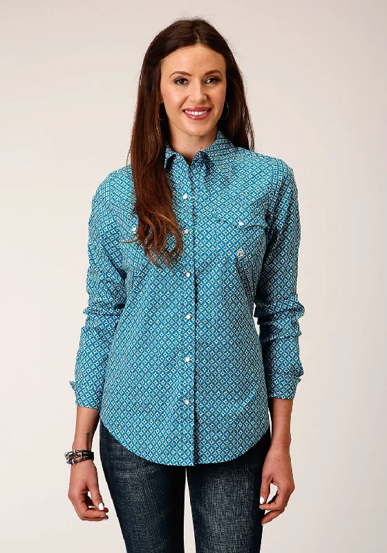 Roper Womens Diamond Print Turquoise Cotton Blend L/S Shirt Latest Fashion for Women