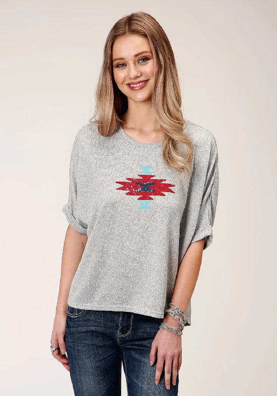 Roper Womens Heather Grey Polyester Dolman Aztec S/S T-Shirt Flash Sales This Week