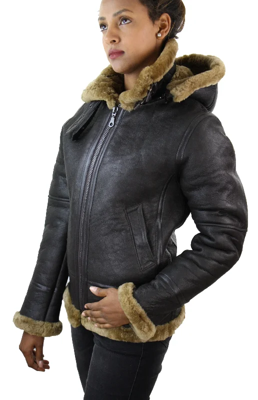 Aviator Hooded Shearling Sheepskin Jacket Elegant Women's Attire