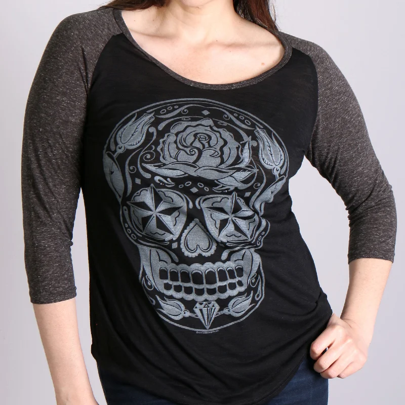 Hot Leathers GLC3352 Sugar Skull Black and Heather Grey 3/4 Sleeve Ladies Shirt Online Boutiques