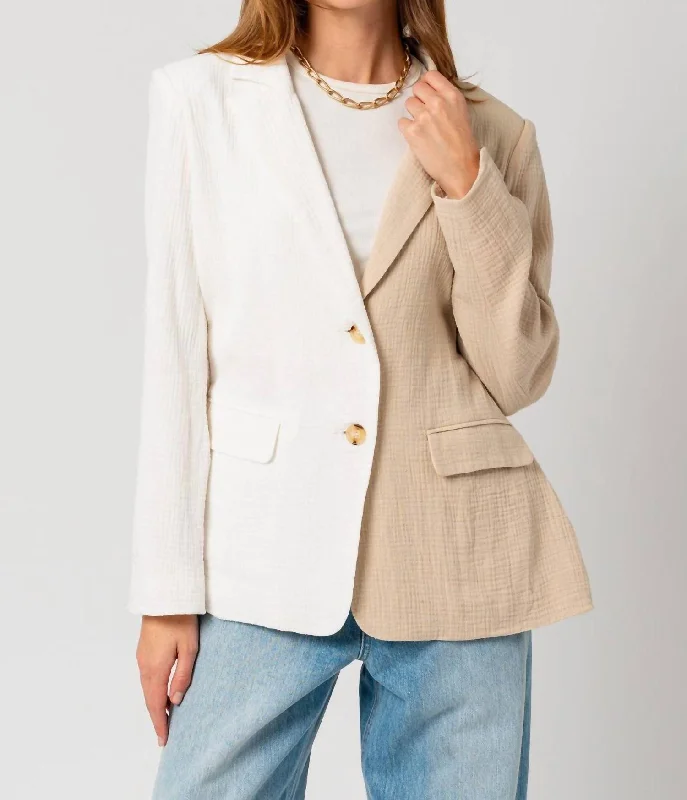 Color Block Oversized Blazer In Taupe/white Casual Clothing For Women