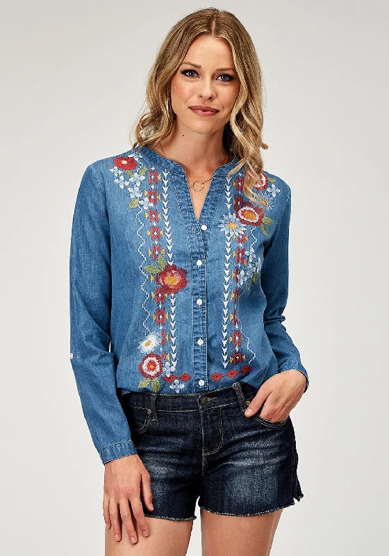 Roper Womens Floral Lightweight Blue 100% Cotton L/S Shirt Charming Women's Outfit For Special Occasions