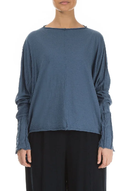 Exposed Seam Sleeves Blue Pure Wool Jumper Women's Casual Apparel