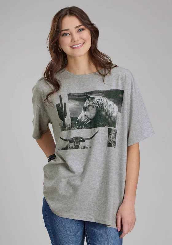 Roper Womens Horse and Longhorn Grey Cotton Blend S/S T-Shirt Modern Women's Wardrobe Essentials