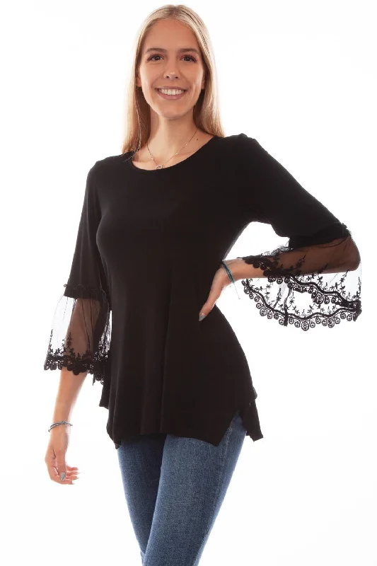 Scully Womens Tulle Crochet Black Rayon S/S Tunic Charming Women's Outfit For Special Occasions