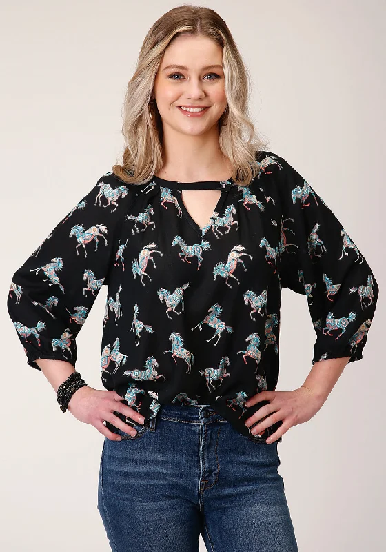 Roper Womens Black Rayon/Nylon Wild Horses 3/4 Sleeve Blouse Women Apparel