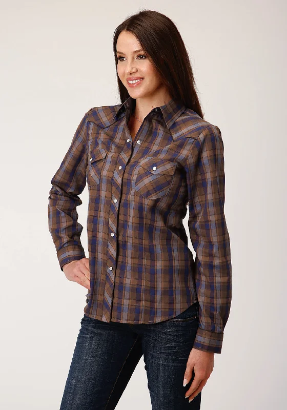 Roper Womens Camel Brown Plaid Blue Cotton Blend L/S Shirt Women's Casual Attire