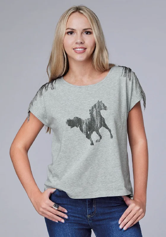 Roper Womens Black Mustang Grey Cotton Blend S/S T-Shirt Formal Outfit For Women