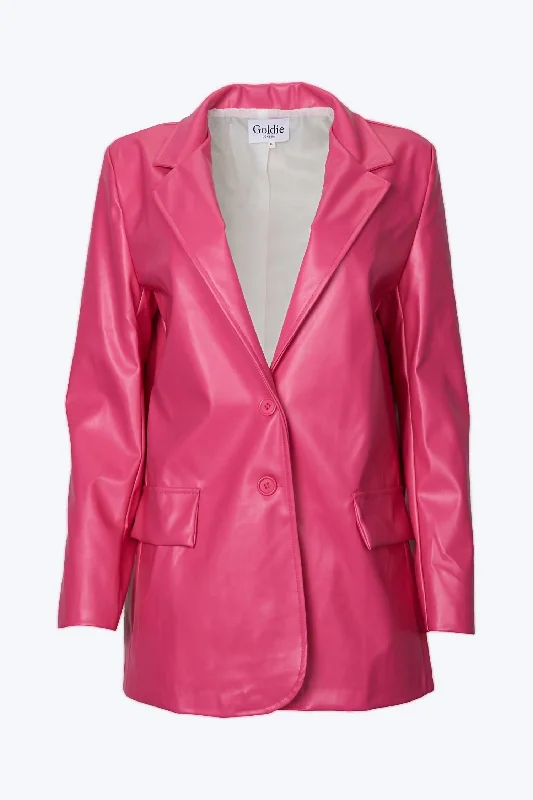 Oversized Single-Breasted Vegan Leather Blazer In Hot Pink Charming Women's Outfit For Special Occasions