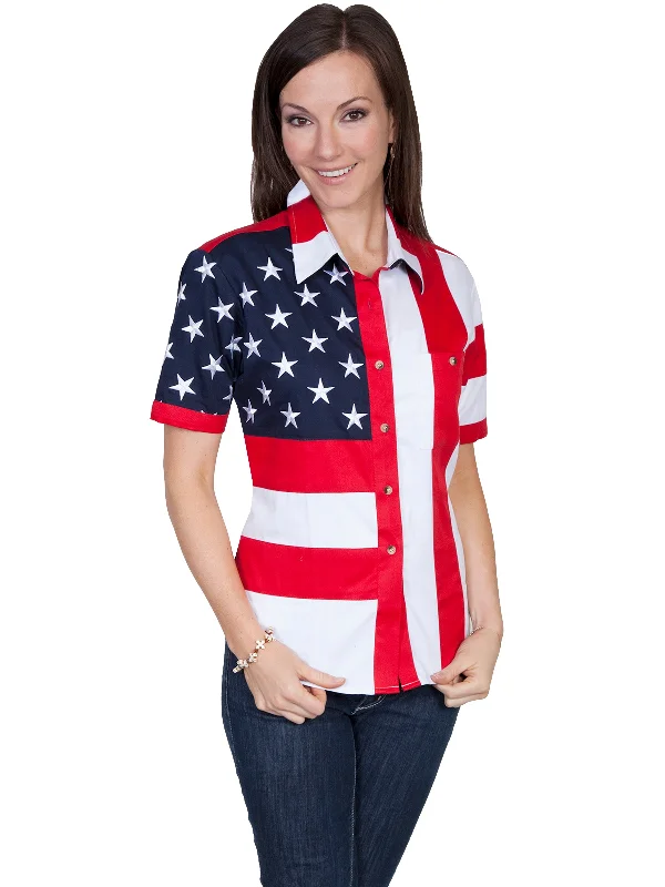 Scully RangeWear Womens Red 100% Cotton American Flag S/S Western Shirt Fashion Women's Clothing