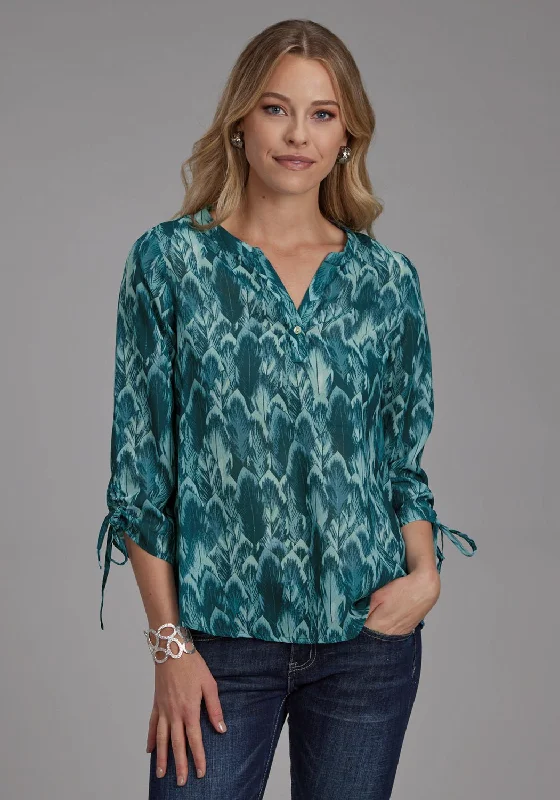 Roper Womens Feather Georgette Teal 100% Polyester 3/4 Sleeve S/S Blouse Luxury Women's Fashion