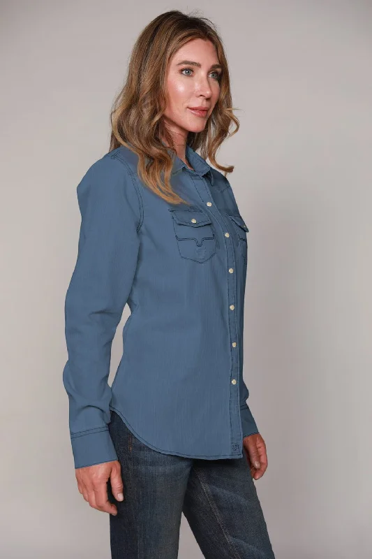 Kimes Ranch Womens Kaycee Top Dark Denim Cotton Blend L/S Shirt Women's Elegant Evening Outfit