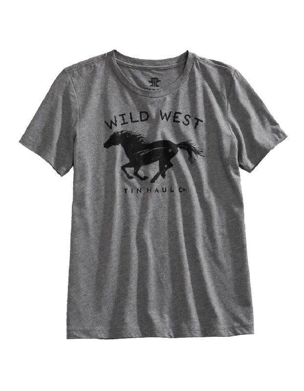 Tin Haul Womens Wild West Horse Grey Cotton Blend S/S T-Shirt Women's Activewear Attire