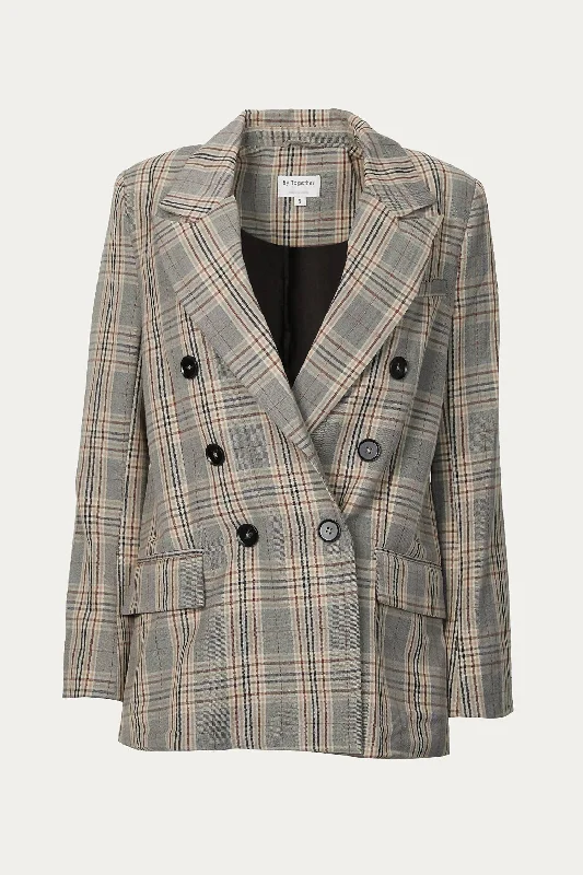 Checked Double-Breasted Blazer In Brown Plaid Women's Date Night Outfit