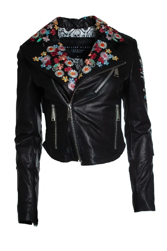 leather jacket with embroidery Women's Seasonal Apparel