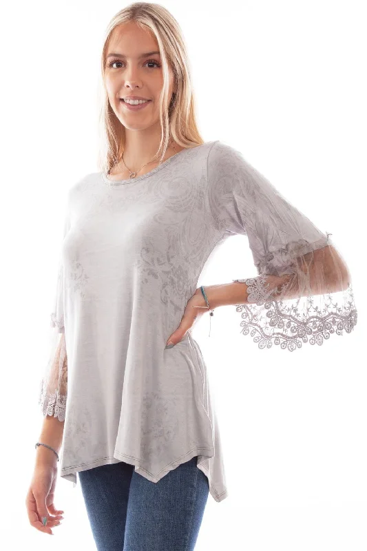 Scully Womens Tulle Crochet Silver Rayon S/S Blouse Women's Classic Outfit