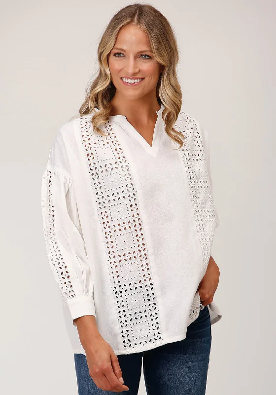 Roper Womens Flex Peasant White 100% Cotton 3/4 Sleeve S/S Blouse Women's Garments