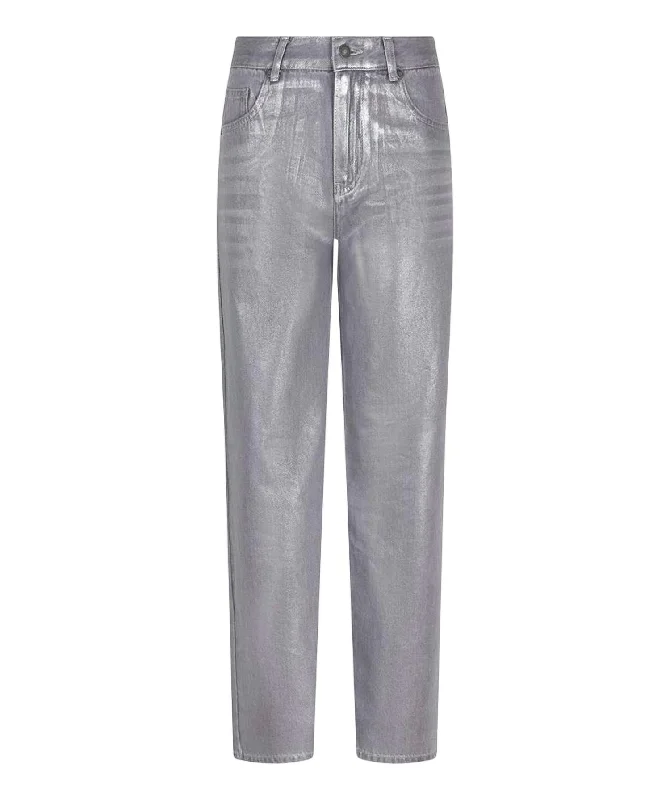 Metallic Coated Trousers In Silver Women's Holiday Clothes