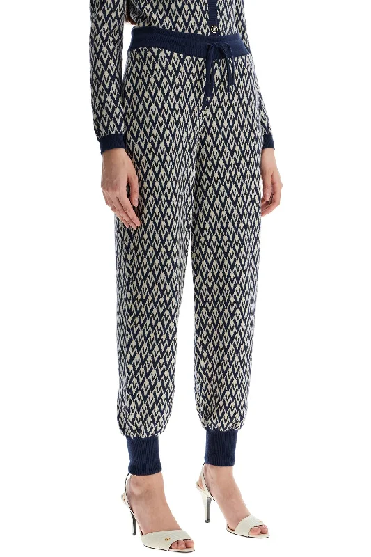 Valentino Garavani High-Waisted Wide-Leg Zigzag Cream And Navy Virgin Wool Pants Women's Clothing Online