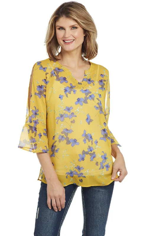 Cowgirl Up Womens Yellow Floral Polyester Bell Sleeve Tunic S/S Women's Evening Wear for Special Occasions