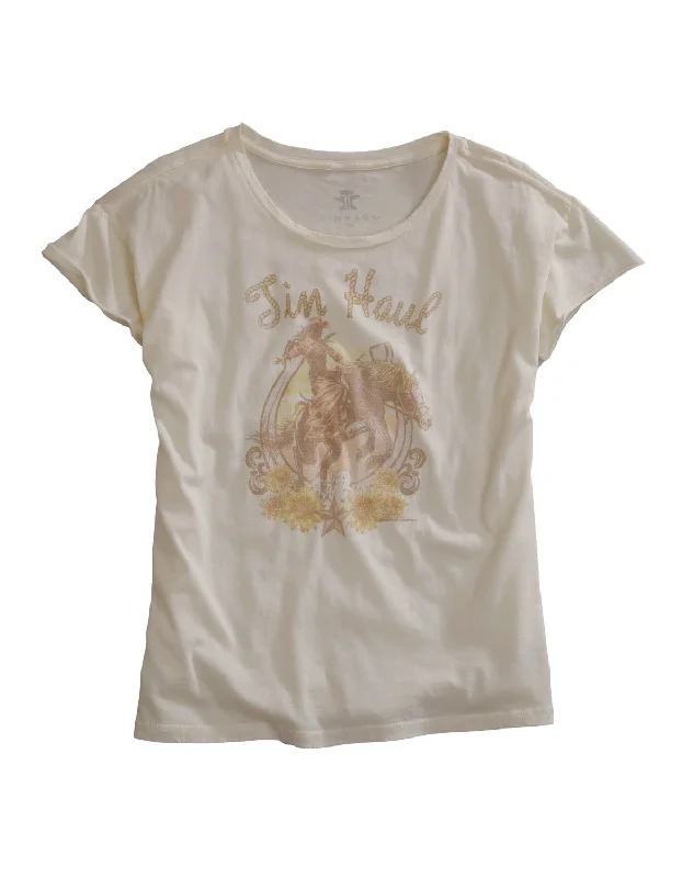 Tin Haul Womens Buckin Cowgirl White 100% Cotton S/S T-Shirt Comfortable Women's Attire