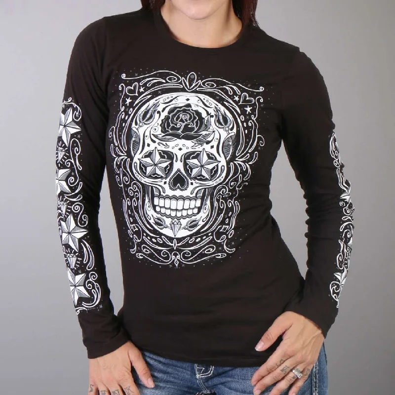 Hot Leathers GLC3183 Sugar Skull Black Long Sleeve Ladies Shirt Online Boutiques Best