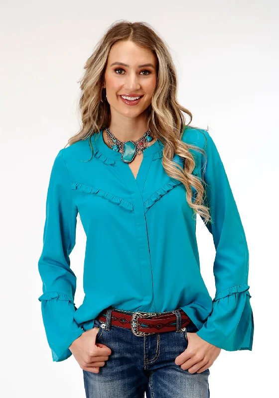 Roper Womens Dark Turquoise Ruffle Blue Polyester L/S Blouse Chic Women's Clothing for Work and Travel