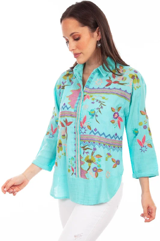 Scully Womens Double Gauze Turquoise 100% Cotton S/S Blouse Women's Trendy Casual Outfit