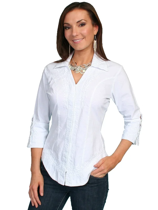 Scully Cantina Collection Blouse White 100% Cotton Floral 3/4 Sleeve Women's Clothes For Work Events