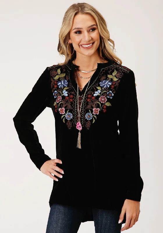 Roper Womens 1421 Floral Velvet Black 100% Polyester L/S Tunic Women's Fashion Clothing