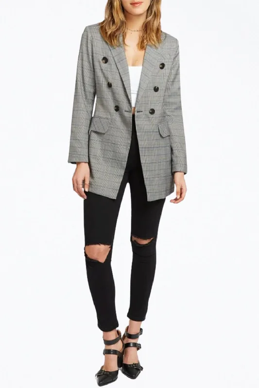 Double-Breasted Prince Of Wales Checked Woven Blazer In Charcoal/blue Women's Cozy Outfit For Lounging