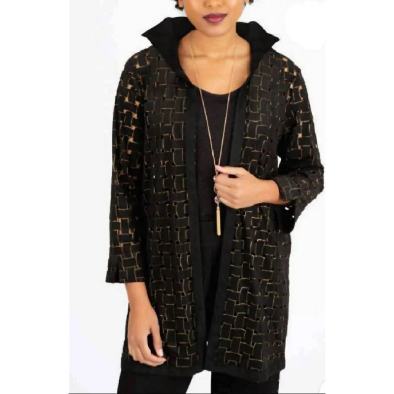 Faux Suede Shimmer Topper In Black With Gold Shimmer Women's Night-Out Outfit