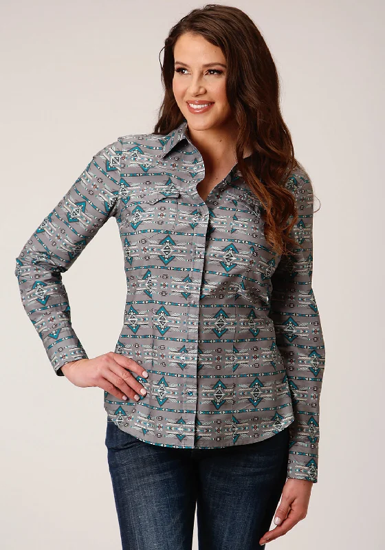 Roper Womens Geometric Aztec Grey 100% Cotton L/S Shirt Women's Office Attire