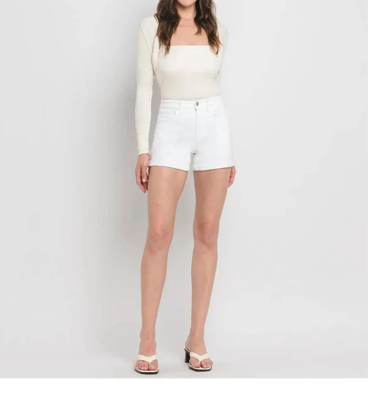 High Rise Double Cuff Shorts In White Exclusive Discount