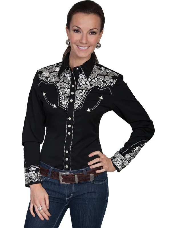 Scully Western Womens Silver Polyester L/S Floral Stitch Western Shirt Clothes Women