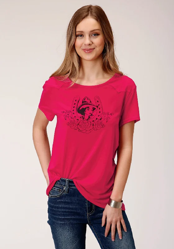 Roper Womens Red Poly/Rayon Horseshoe S/S Cowgirl T-Shirt Sales Clothes