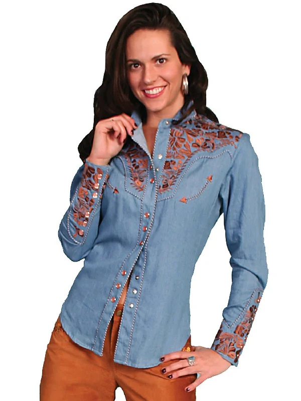 Scully Western Womens Blue Polyester L/S Floral Stitch Western Shirt Sales Clothes