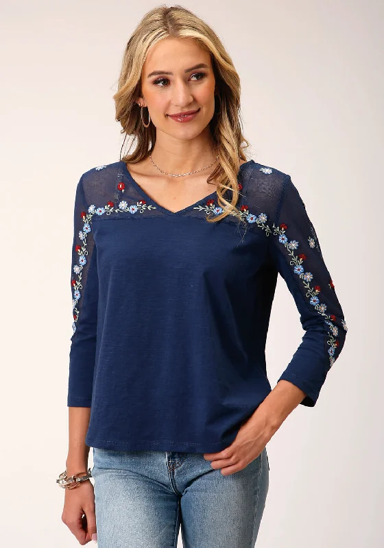 Roper Womens Floral Slub Jersey Navy 100% Cotton 3/4 Sleeve S/S Tunic Flash Sale Event