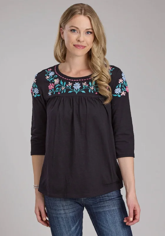 Roper Womens Turquoise Flowers Black 100% Cotton 3/4 Sleeve S/S Blouse Unique Women's Fashion Pieces