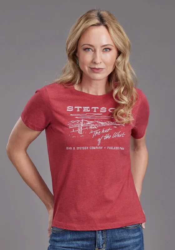 Stetson Womens The Hat Of The West Red Cotton Blend S/S T-Shirt Women's Luxury Attire