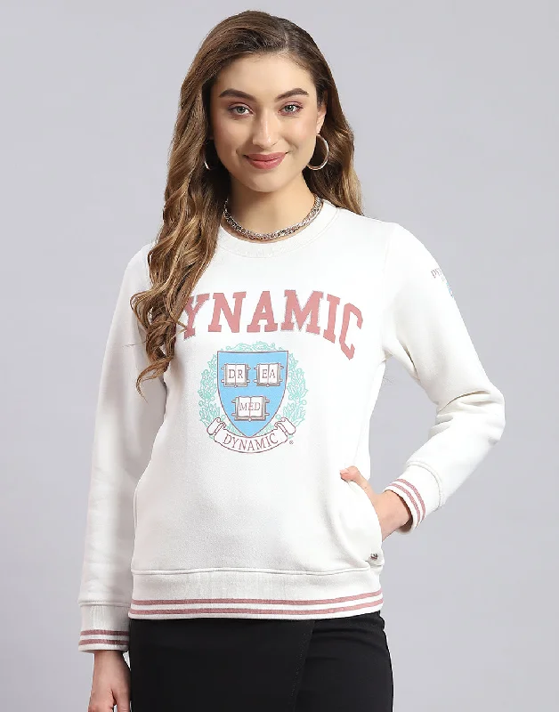 Women White Printed Round Neck Full Sleeve Sweatshirt Stylish Everyday Clothing