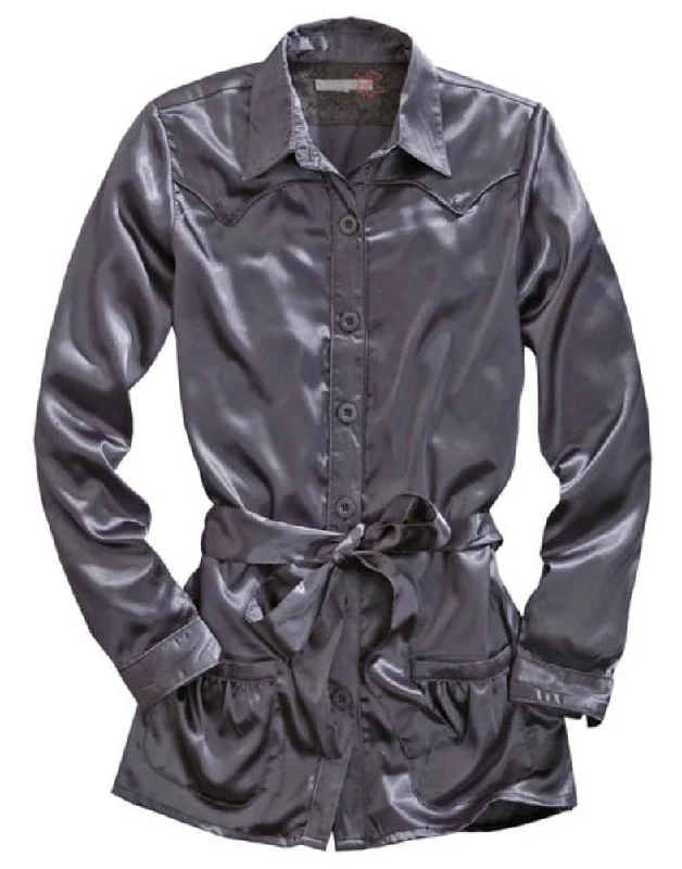 Tin Haul Womens Gray Polyester L/S Belted Tunic Satin Shirt Women's Activewear for Exercise and Sports