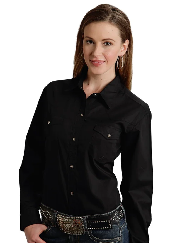 Roper Basic Solid Ladies Black 100% Cotton L/S 2 Pocket Western Shirt Clothing For Women