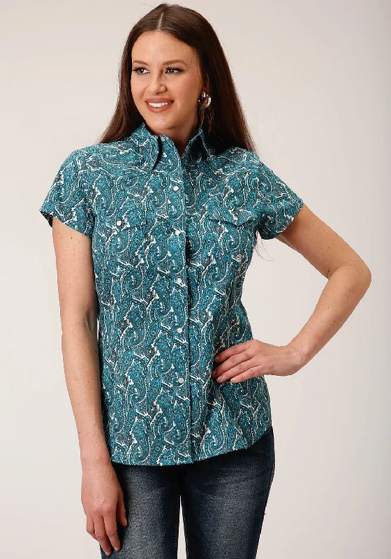 Roper Womens Turquoise 100% Cotton Upstream Paisley S/S Shirt Women's Vintage-Inspired Clothing