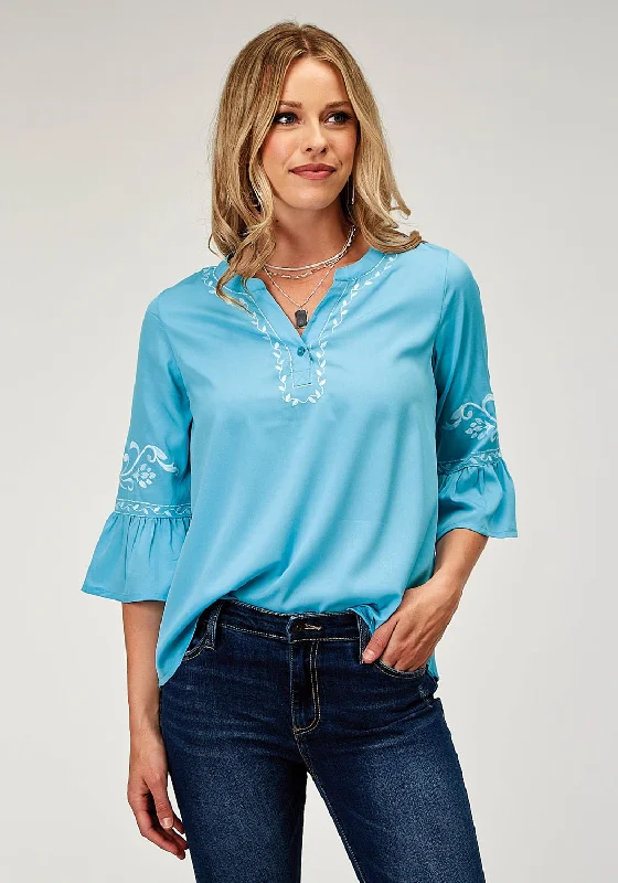 Roper Womens Bell Sleeve Embroidery Blue 100% Polyester S/S Blouse Women's Casual Wear Outfit