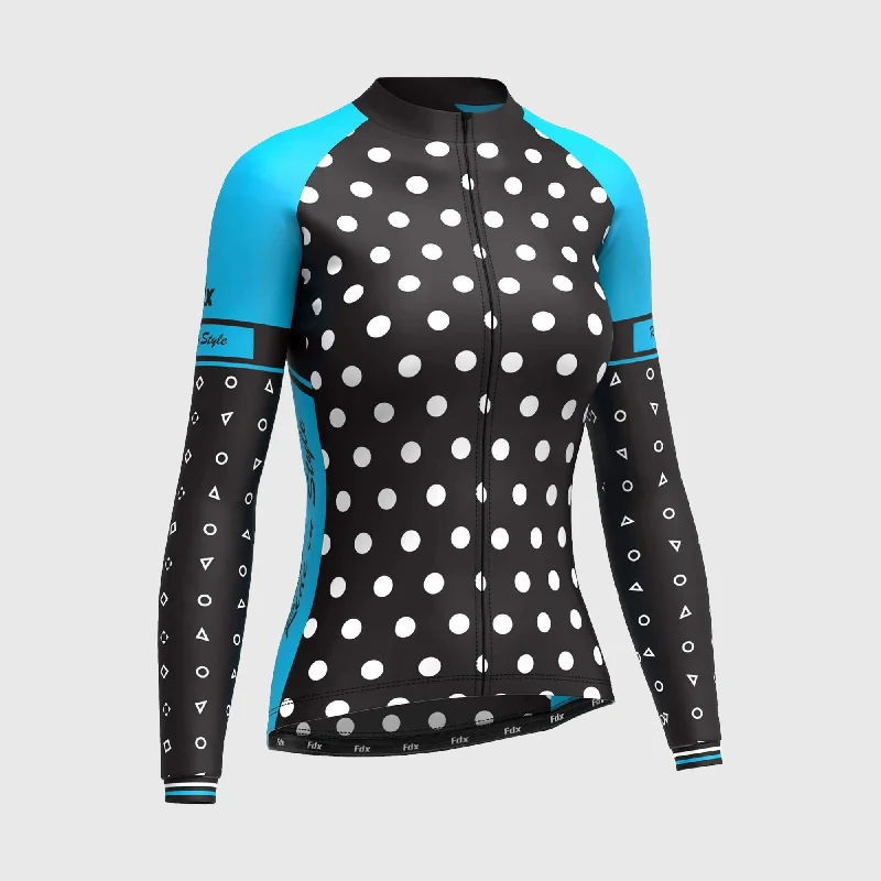 Fdx Polka Dots Women's & Girl's Blue Thermal Roubaix Long Sleeve Cycling Jersey Women's Clothes For Outdoor Events