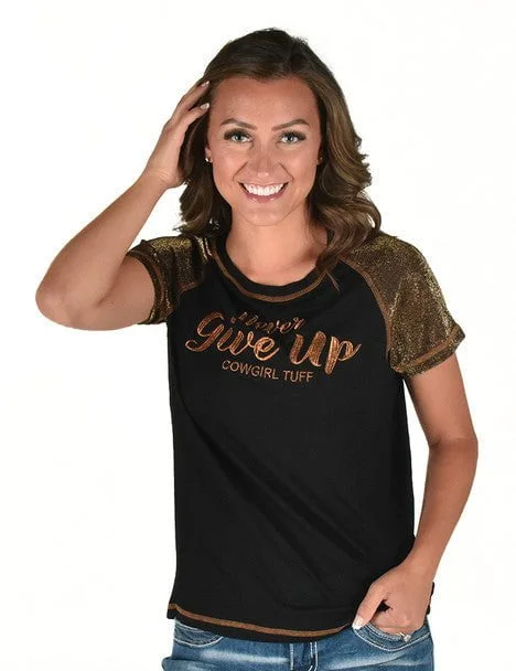 Cowgirl Tuff Womens Never Give Up Shimmer Copper Nylon S/S T-Shirt Women's Evening Wear Outfit