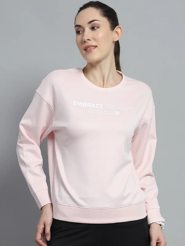 Women Pink Printed Round Neck Full Sleeve Sweatshirt Women's Clothing For Casual Outings